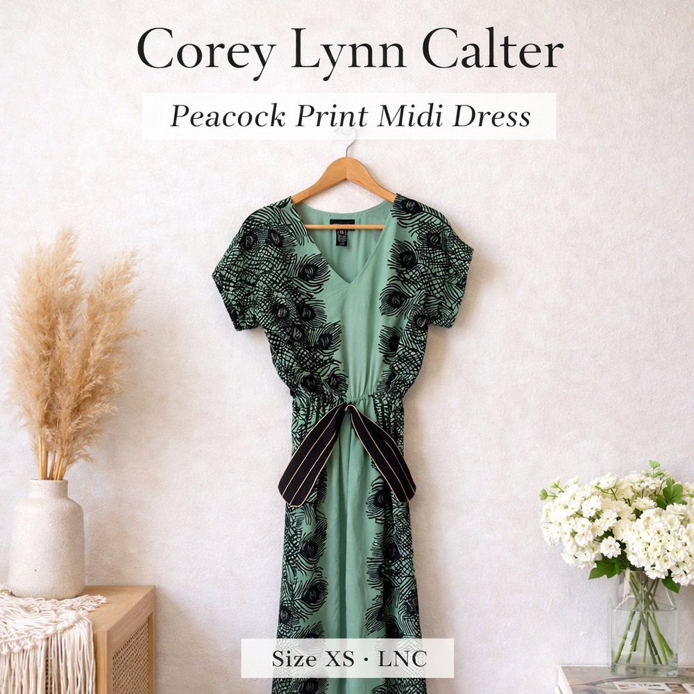 Corey Lynn Calter Peacock Print Waist Tie Midi Dress Green Size XS